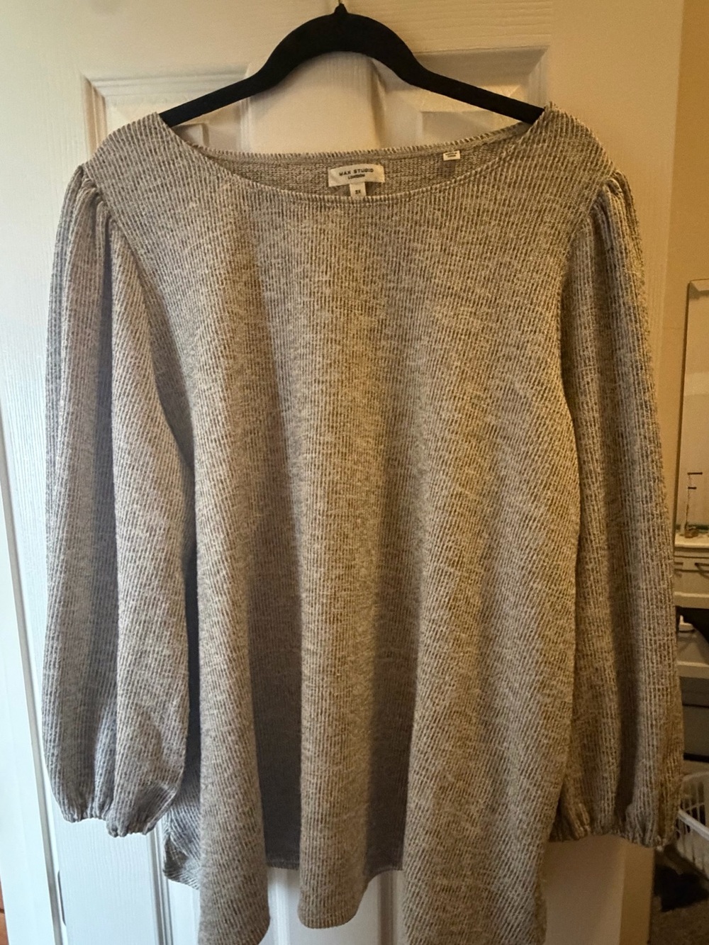Max Studio Taupe Ribbed Balloon-Sleeve Crewneck Sweater